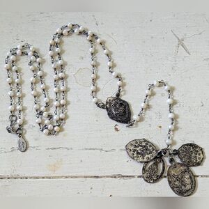 Alisa Michelle Multiple Religious Charms Faux Pearl Rosary Inspired Necklace